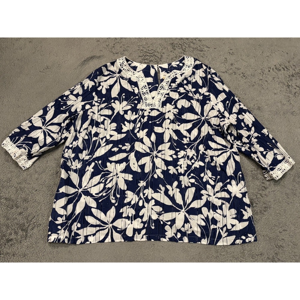 Alfred Dunner Top Womens 20W Blue Floral Lace V-Neck 3/4 Sleeve Blouse